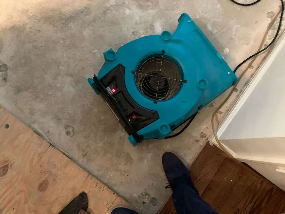Air mover drying subfloor during Leak Detection & Repair in Columbus